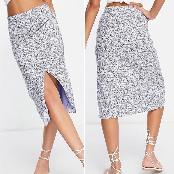 Abercrombie & Fitch Side Slit Midi Skirt Blue Floral Linen Blend Size Small - Picture 4 of 12